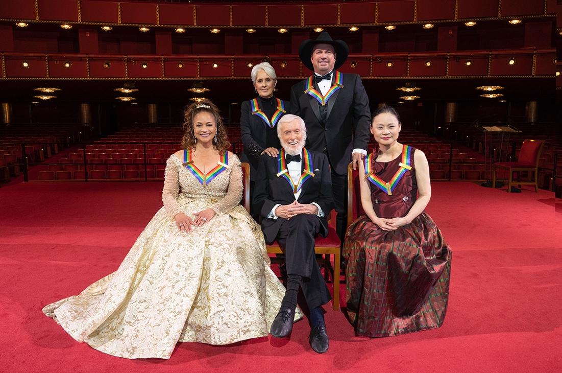 2021 Kennedy Center Honorees, standing, left to right: Joan Baez, Garth Brooks. Sitting, left to right: Debbie Allen, Dick Van Dyke and Midori