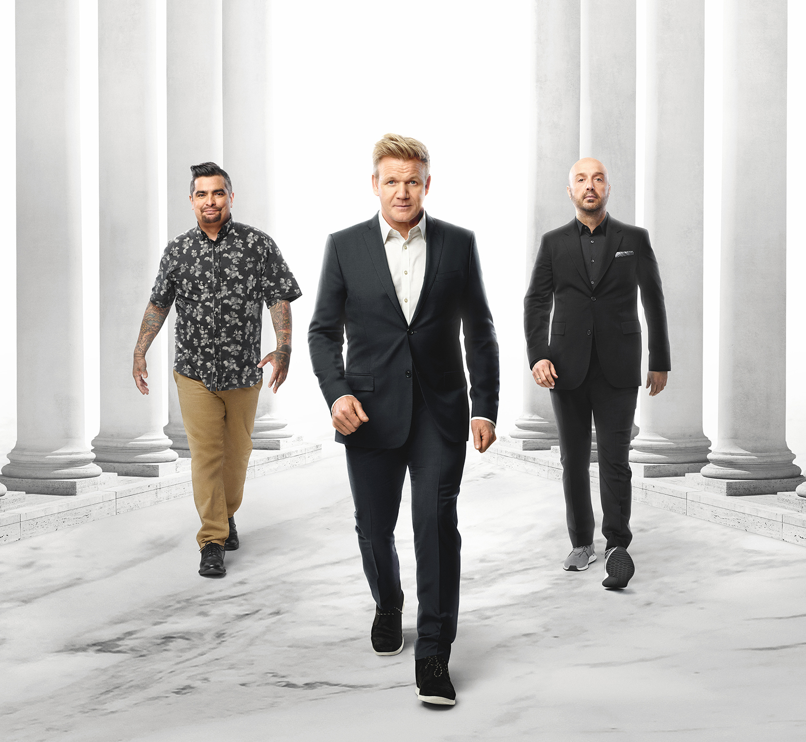 MASTERCHEF: L-R: Judge Aarón Sánchez, host/judge Gordon Ramsay and judge Joe Bastianich. MASTERCHEF premieres Wednesday, June 2 (8:00-9:00 PM ET/PT) on FOX. © 2019 FOXMEDIA LLC. Cr: FOX.