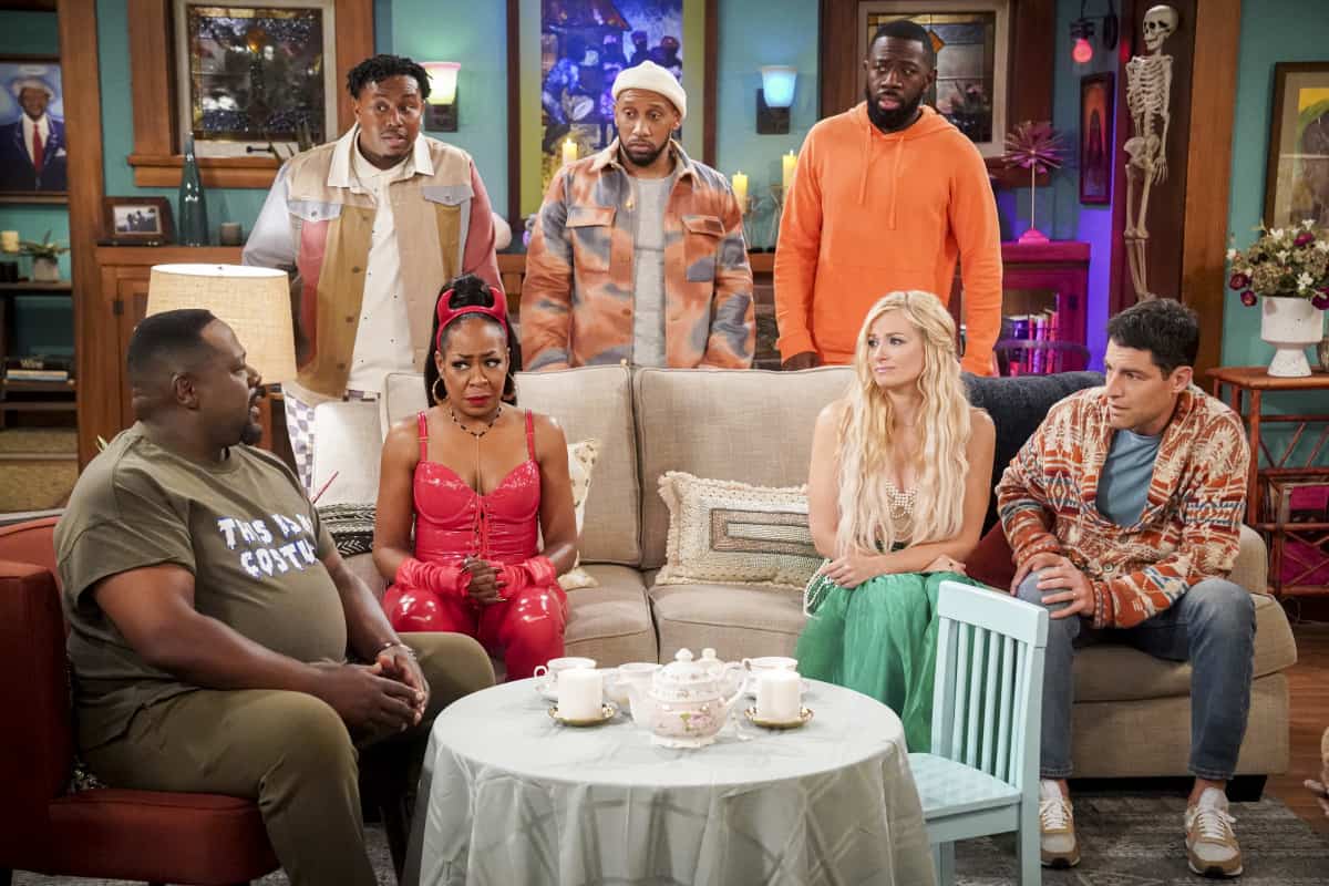 THE NEIGHBORHOOD Season 4 Episode 6 “Welcome to the Haunting” – Pictured: Cedric the Entertainer (Calvin Butler), Marcel Spears (Marty Butler), Tichina Arnold (Tina Butler), Malik S. (Trey), Sheaun McKinney (Malcolm Butler), Beth Behrs (Gemma Johnson) and Max Greenfield (Dave Johnson). As Halloween draws near, Calvin tries to determine what’s behind the sudden strange occurrences at the Butler’s house. Also, Gemma and Tina question if their days of sexy costumes should be behind them, on the CBS Original series THE NEIGHBORHOOD, Monday, Nov. 1 (8:00-8:30 PM, ET/PT) on the CBS Television Network, and available to stream live and on demand on Paramount+. Photo: Monty Brinton/CBS ©2021 CBS Broadcasting, Inc. All Rights Reserved.