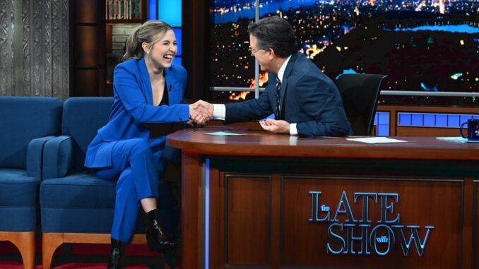 Taylor Tomlinson and Stephen Colbert